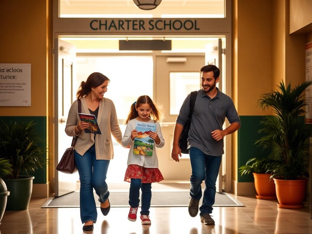 A family — parent and two elementary-age children — walking together into a bright, welcoming charter school entrance during an open house.