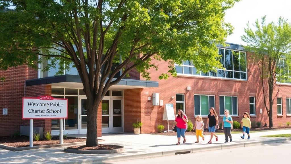 Families and students arriving at the GREEN Charter Elementary School campus on a bright day.