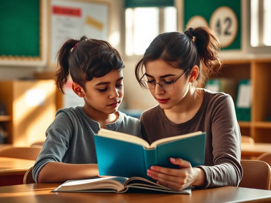 A teacher reads a book one-on-one with a young student in a sunlit classroom.