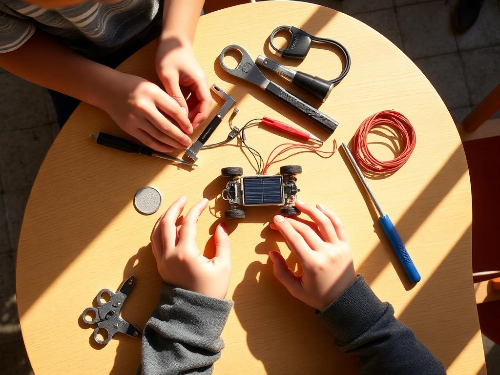 Two students' hands assemble a small solar-powered car on a bright classroom table.