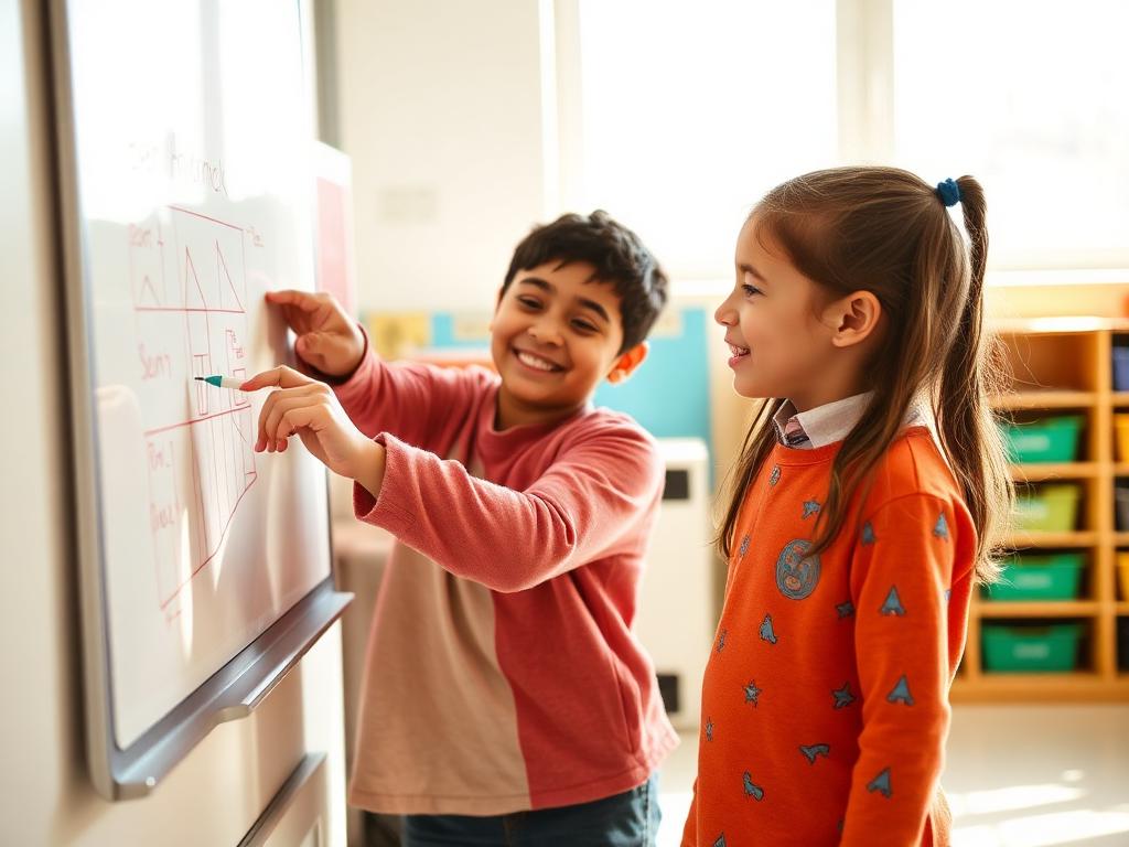 Two elementary students collaborate at a whiteboard, one drawing while the other points and smiles.