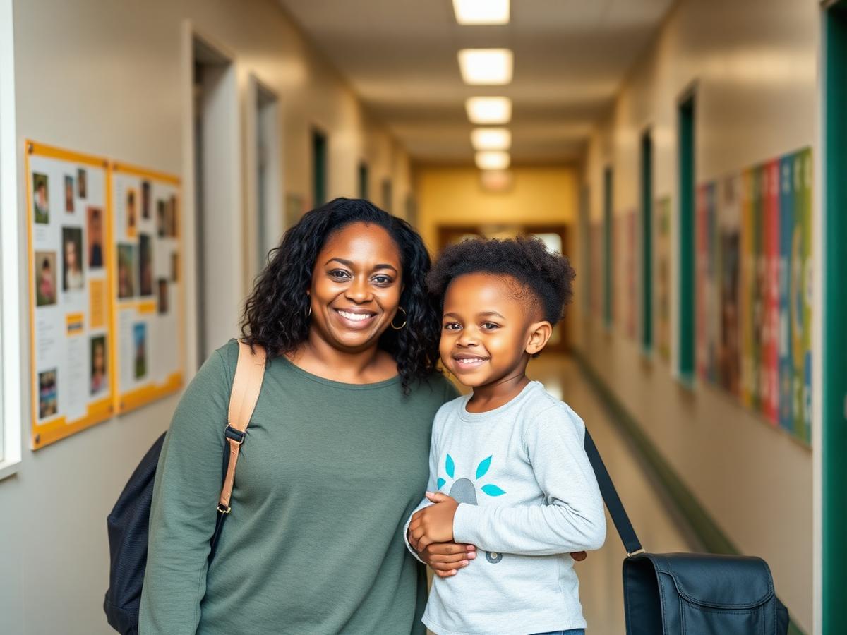 A parent and their young child on a school tour, smiling in a hallway lined with student artwork.