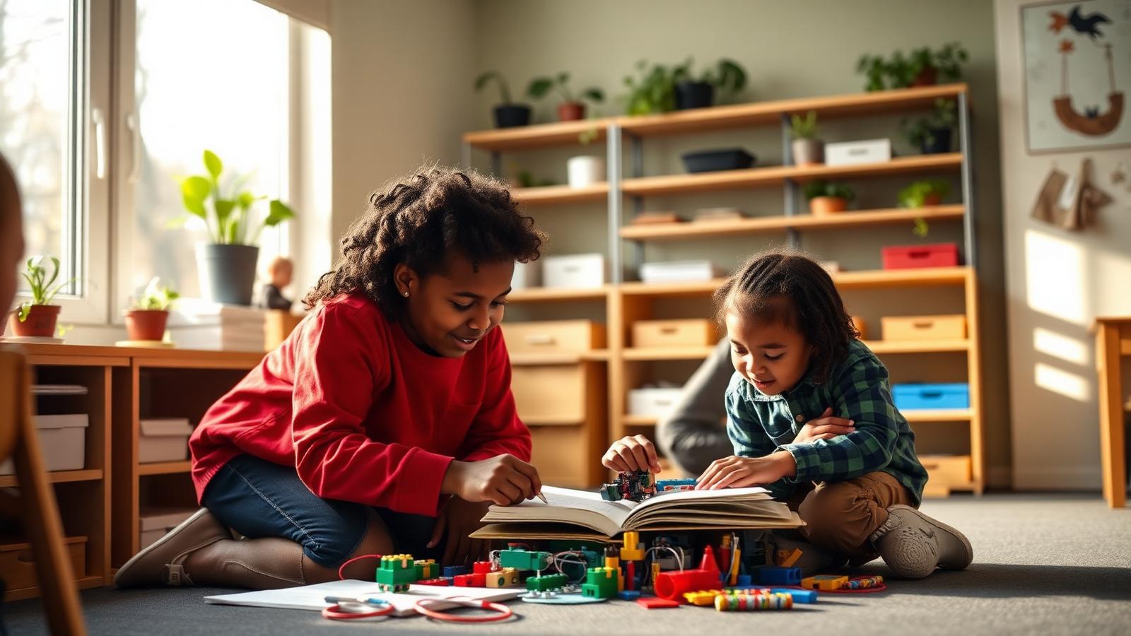 A GREEN Charter teacher kneeling beside two young students working on an engineering design notebook with gears and circuits.