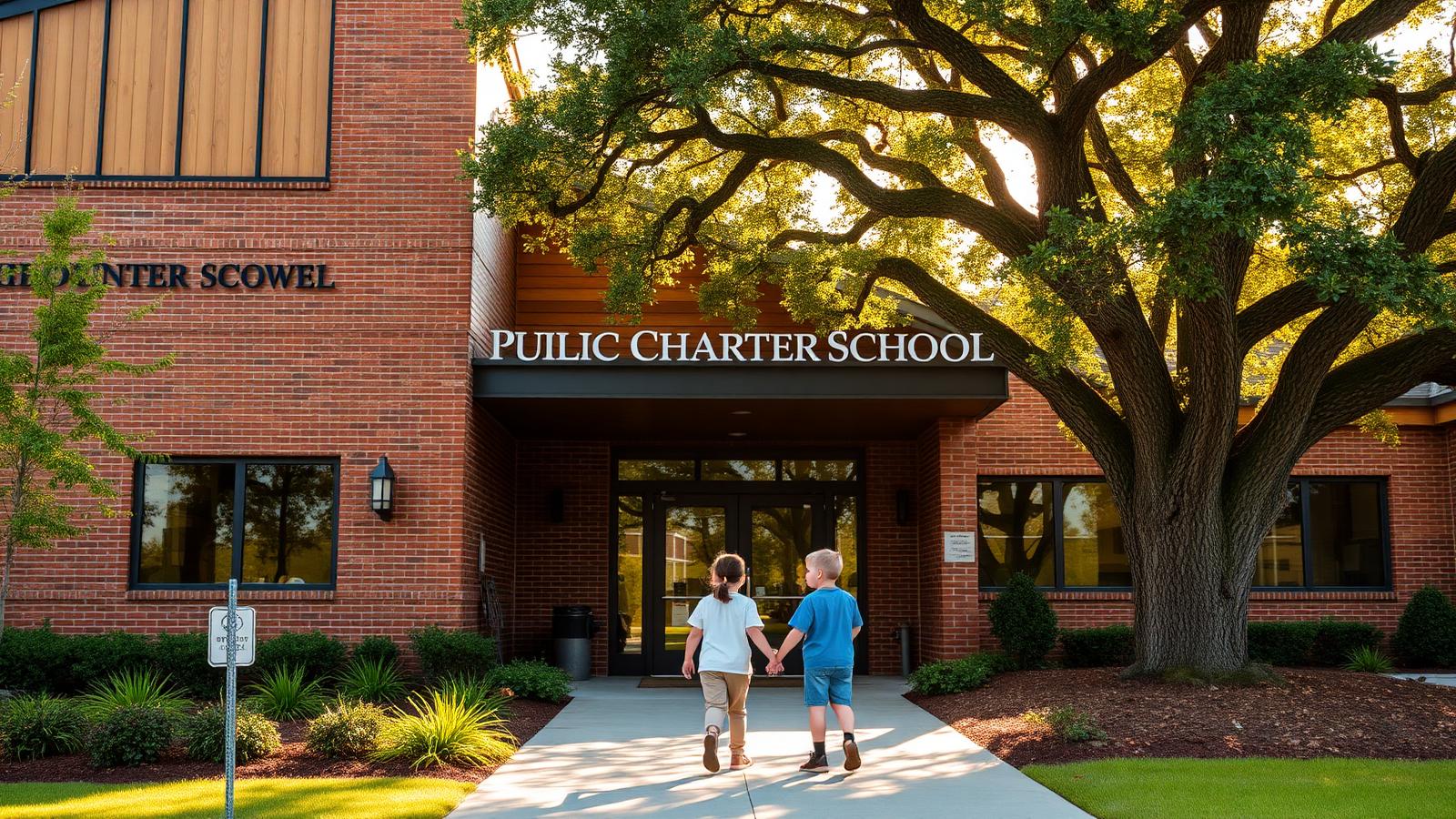 A family with two elementary-age children walking hand-in-hand toward the brick entrance of a GREEN Charter campus under a large oak tree.