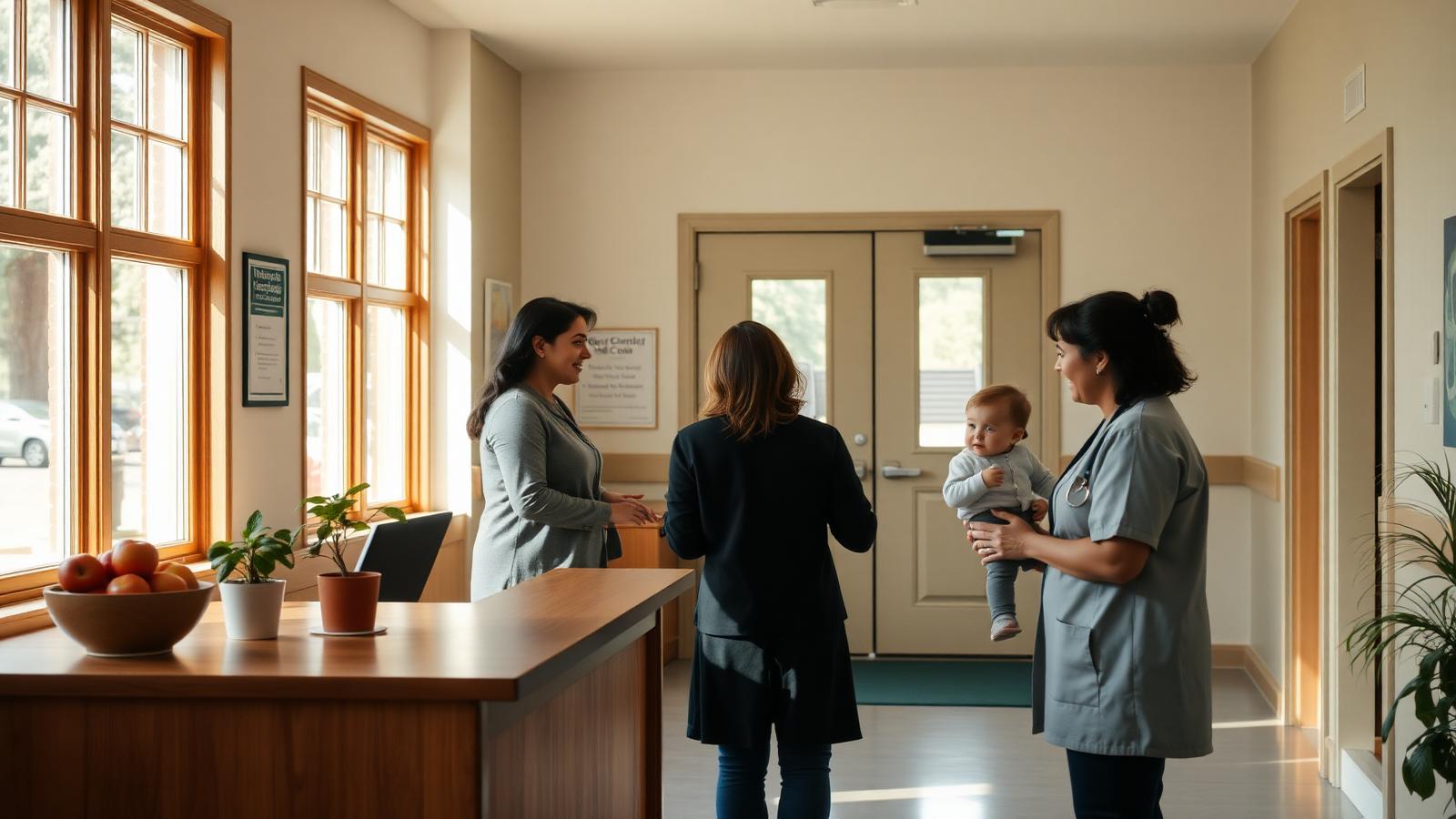A parent and a young child being greeted warmly at a bright, welcoming school front office.