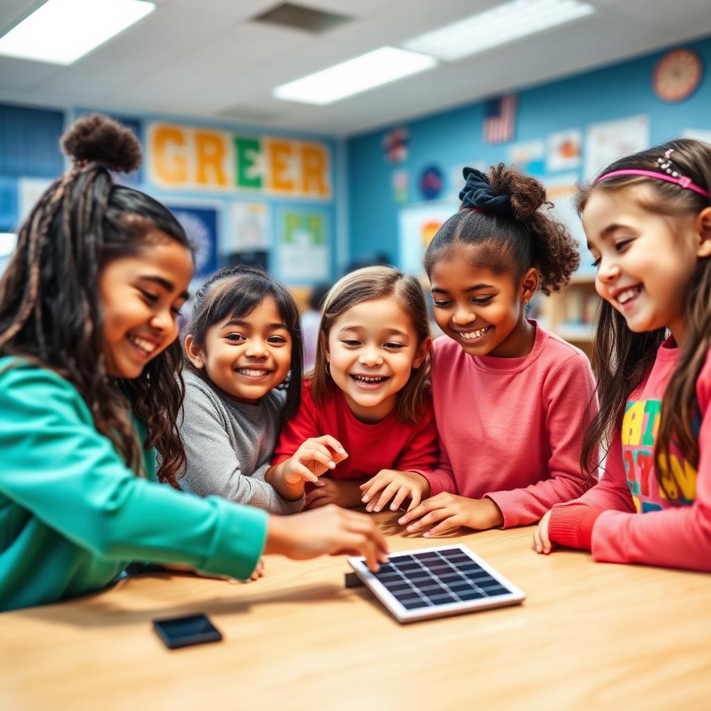 Diverse elementary students smiling and collaborating on a solar-powered classroom project