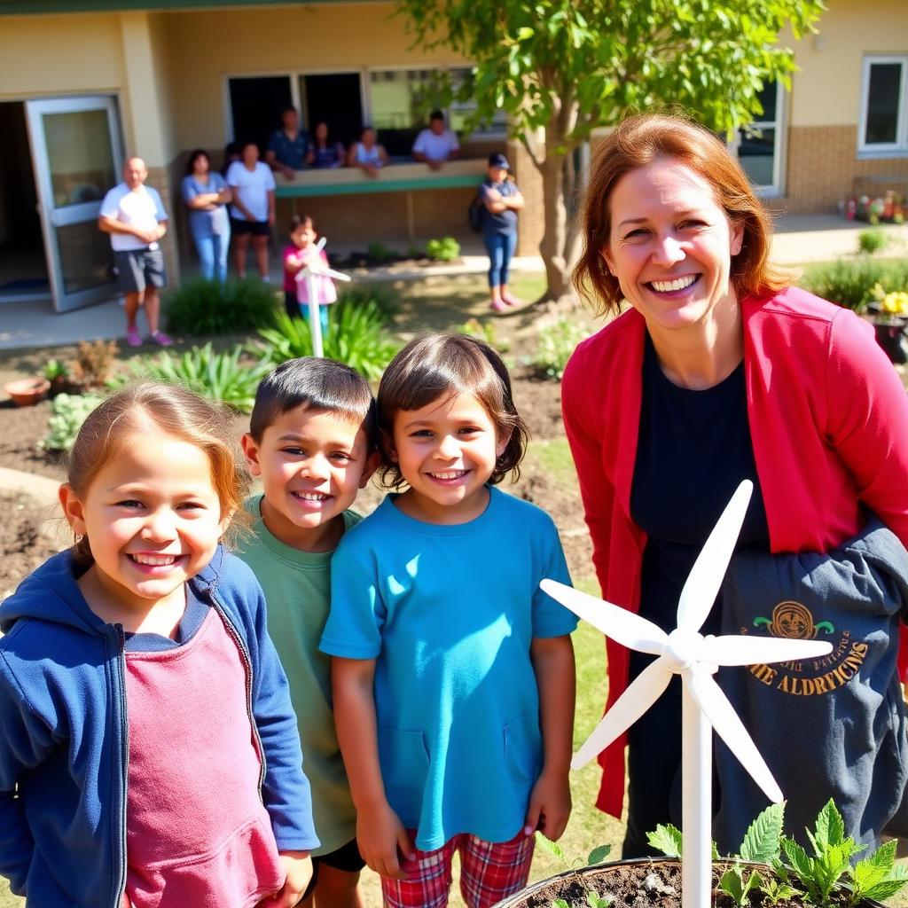 Children and a teacher outdoors on campus with a small wind turbine and school garden