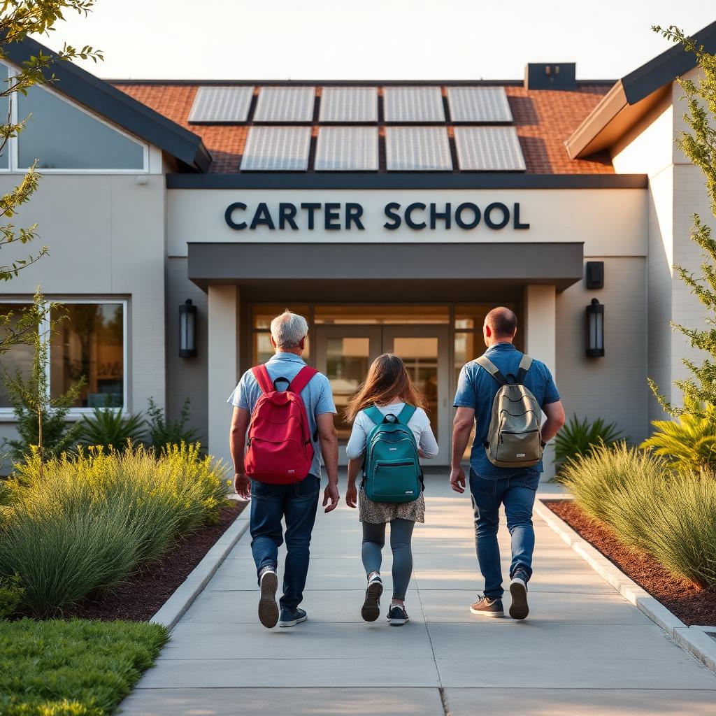 A family walking their child up to a welcoming GREEN Charter school entrance with rooftop solar panels