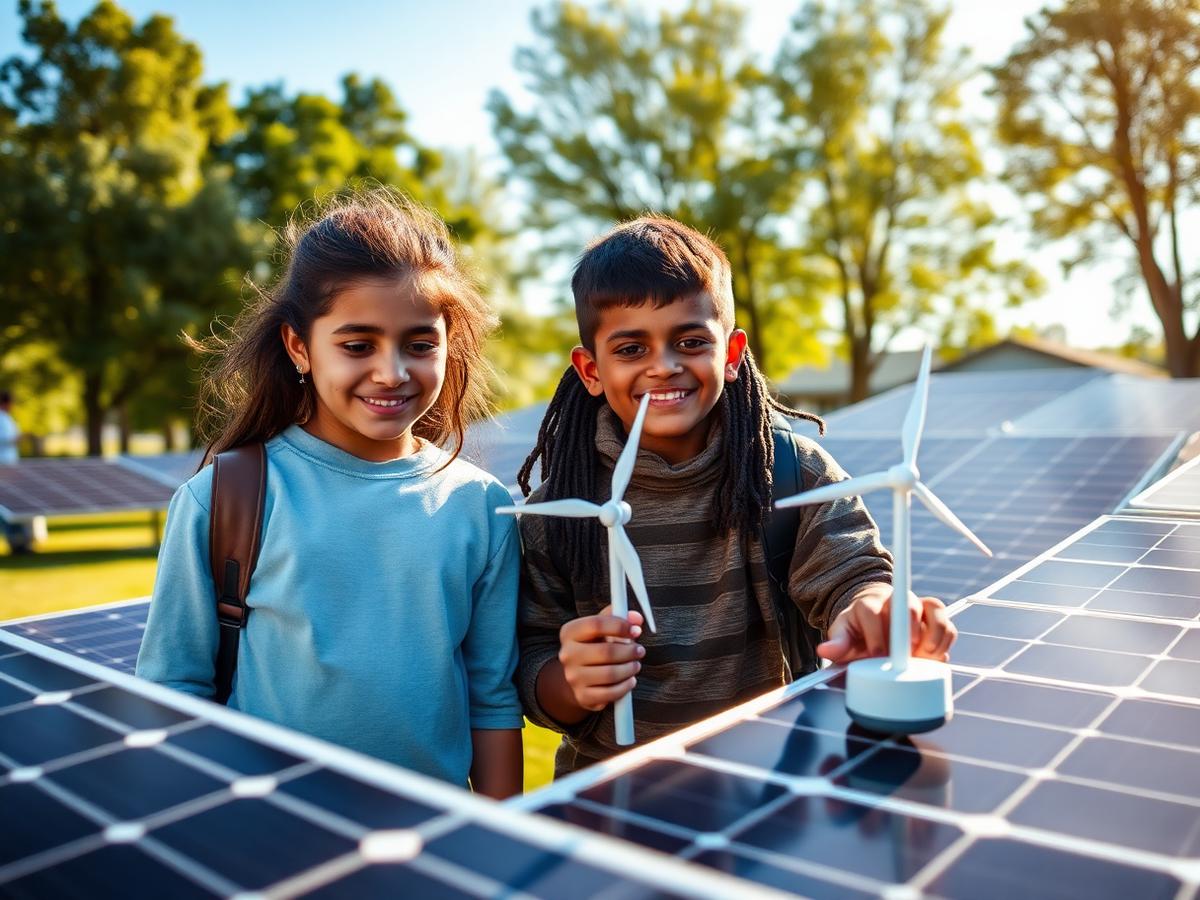 Two GREEN Charter students exploring solar panels outdoors with a wind-turbine model in hand.