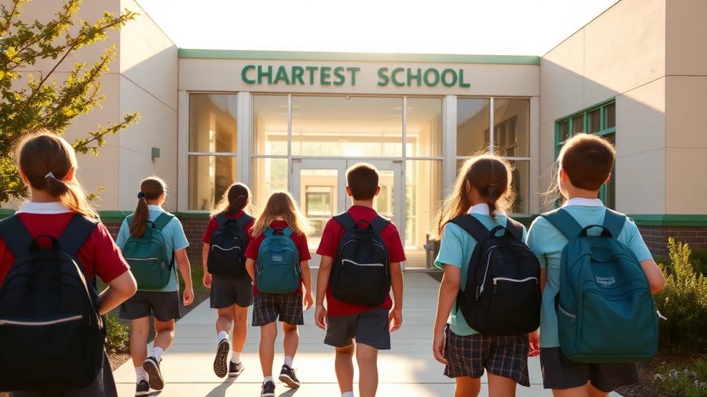 Students in GREEN Charter uniforms walking into a campus building