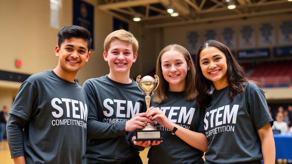 Four students holding a trophy at a STEM competition