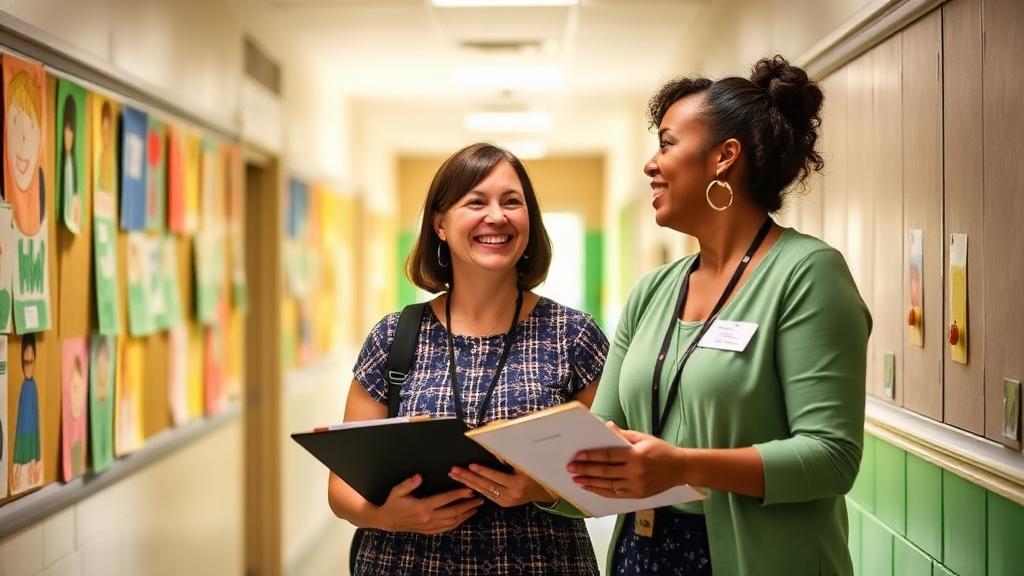 Two GREEN Charter teachers collaborating in a hallway