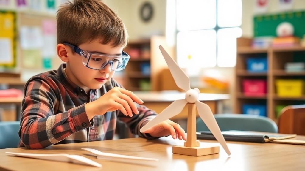 A student working on a model wind turbine in a classroom