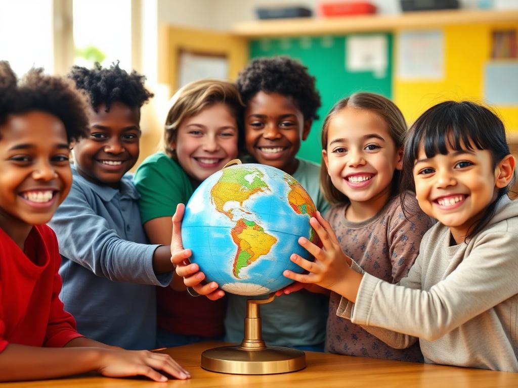 A joyful multiracial group of elementary students gathers around a small globe together, smiling at the camera.