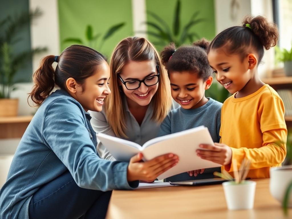 A GREEN Charter teacher reads a workbook with three young students, all smiling in a warm, plant-filled classroom.