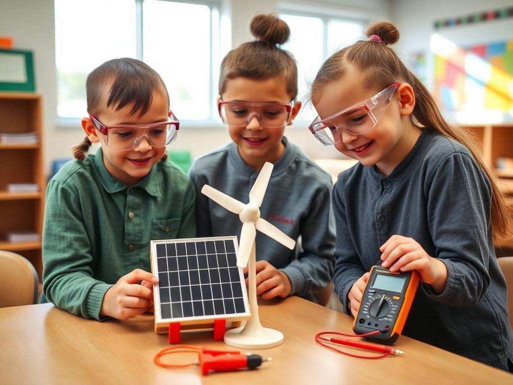 Three elementary students in safety goggles gather around a small solar panel, a wind-turbine model, and a multimeter.