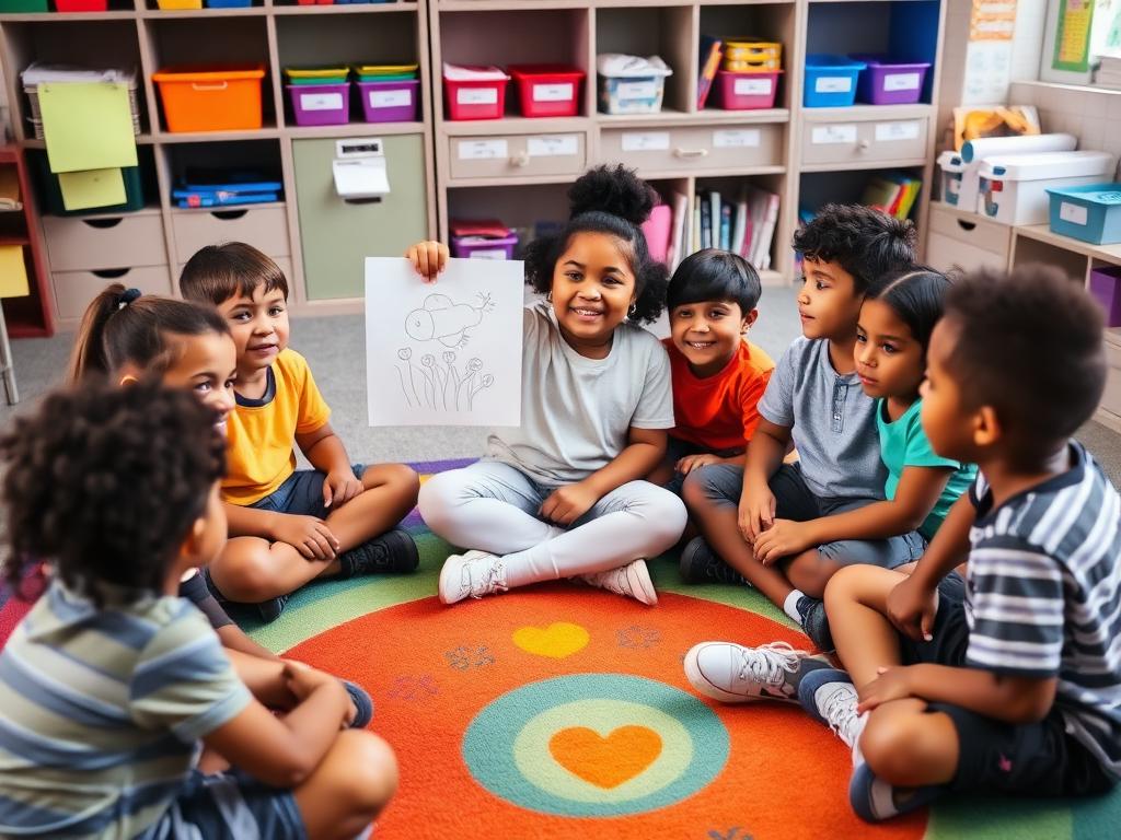 A young student proudly holds up a drawing while classmates listen, seated on a colorful classroom rug.